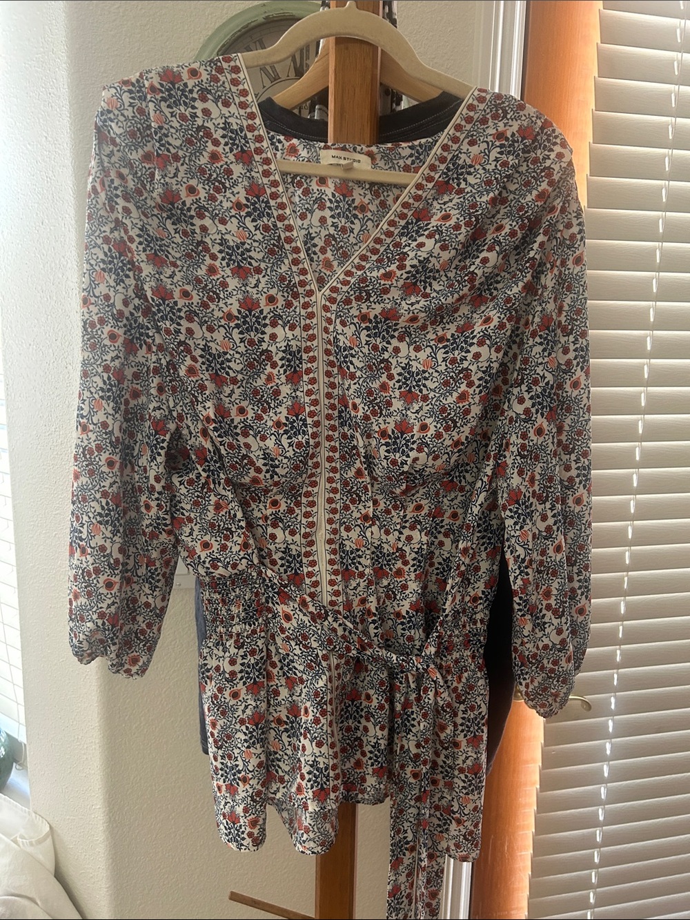 Max Studio White Floral V-Neck Long Sleeve Dress with Red & Navy Print